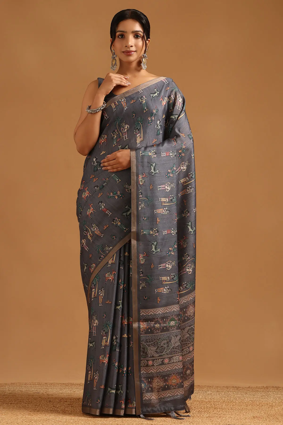 Grey Art Silk Madhubani Saree